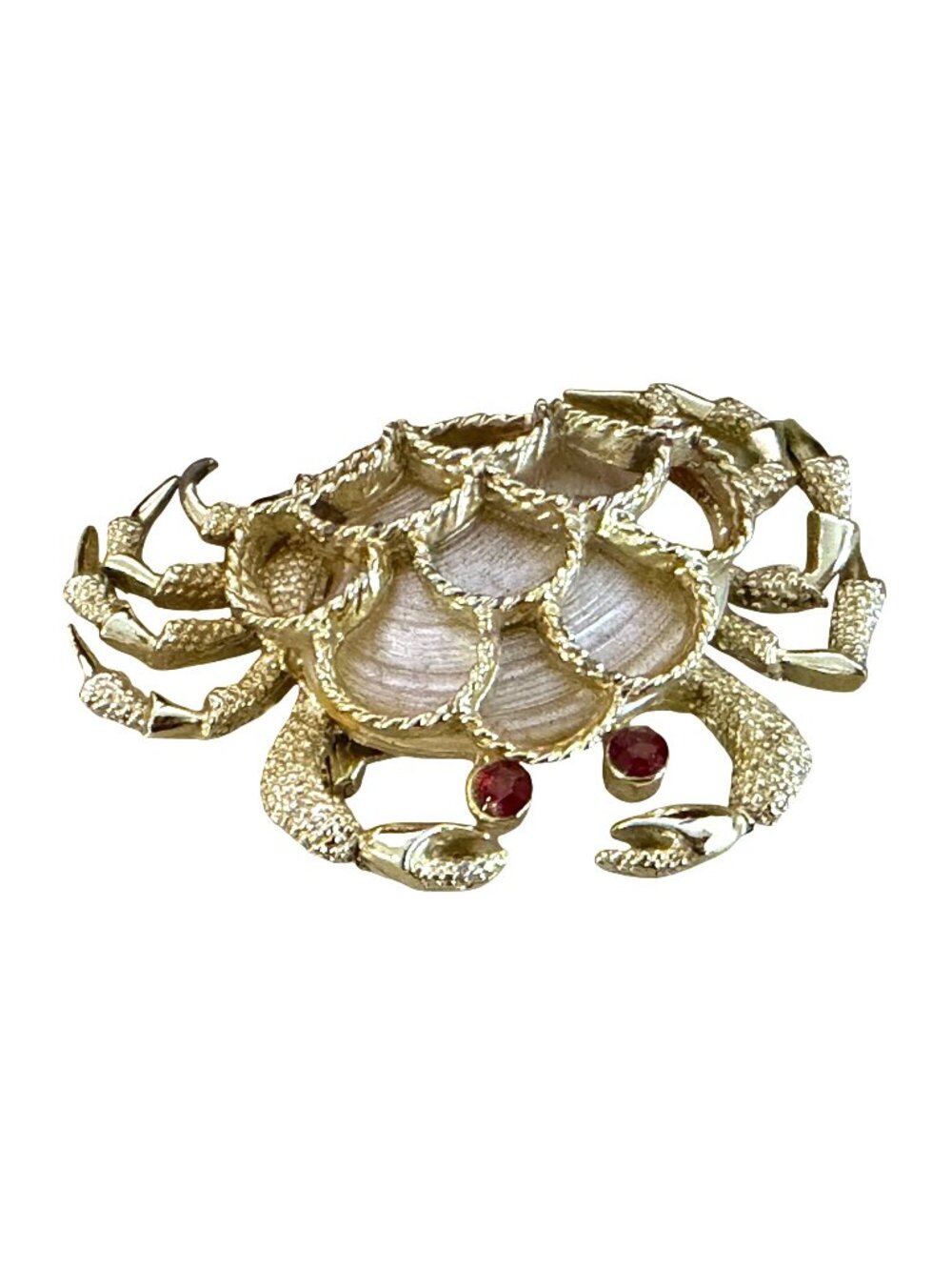 Vintage GERRYS Crab Brooch Gold Tone Mother of Pearl Red Rhinestone Eyes Signed